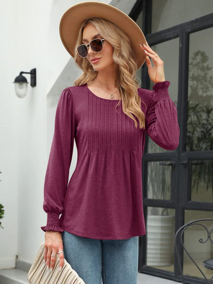 Smocked Round Neck Lantern Sleeve Blouse-Nordavory