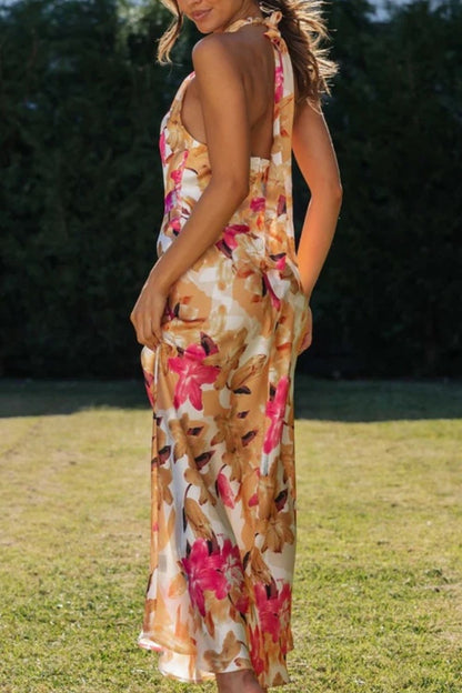 Floral Print Halter Neck Maxi Dress-Nordavory