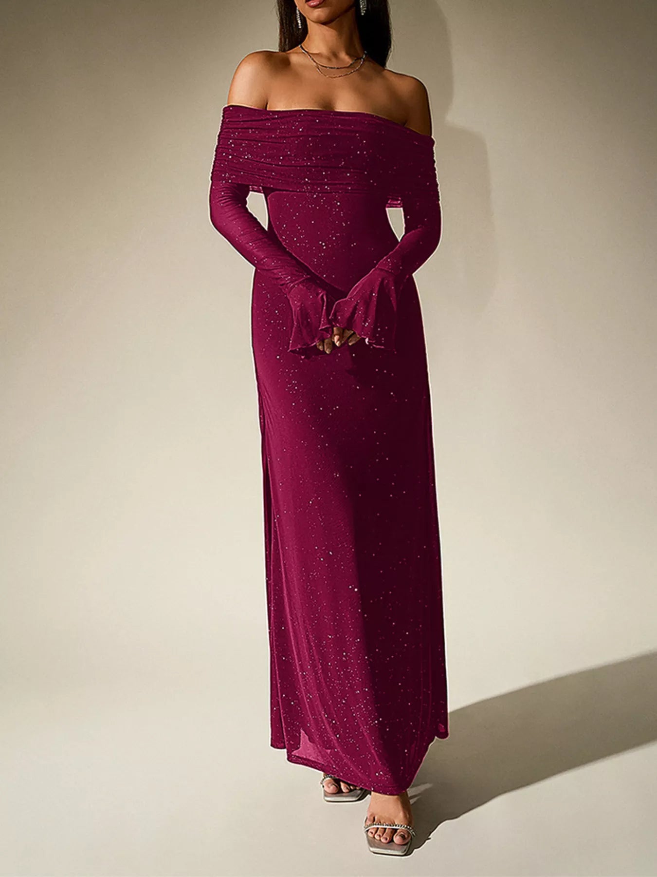 Glitter Off-Shoulder Maxi Dress-Nordavory