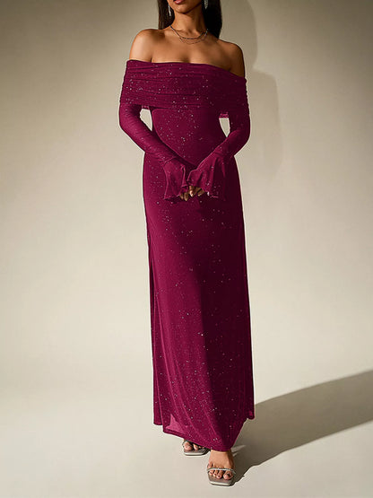 Glitter Off-Shoulder Maxi Dress-Nordavory