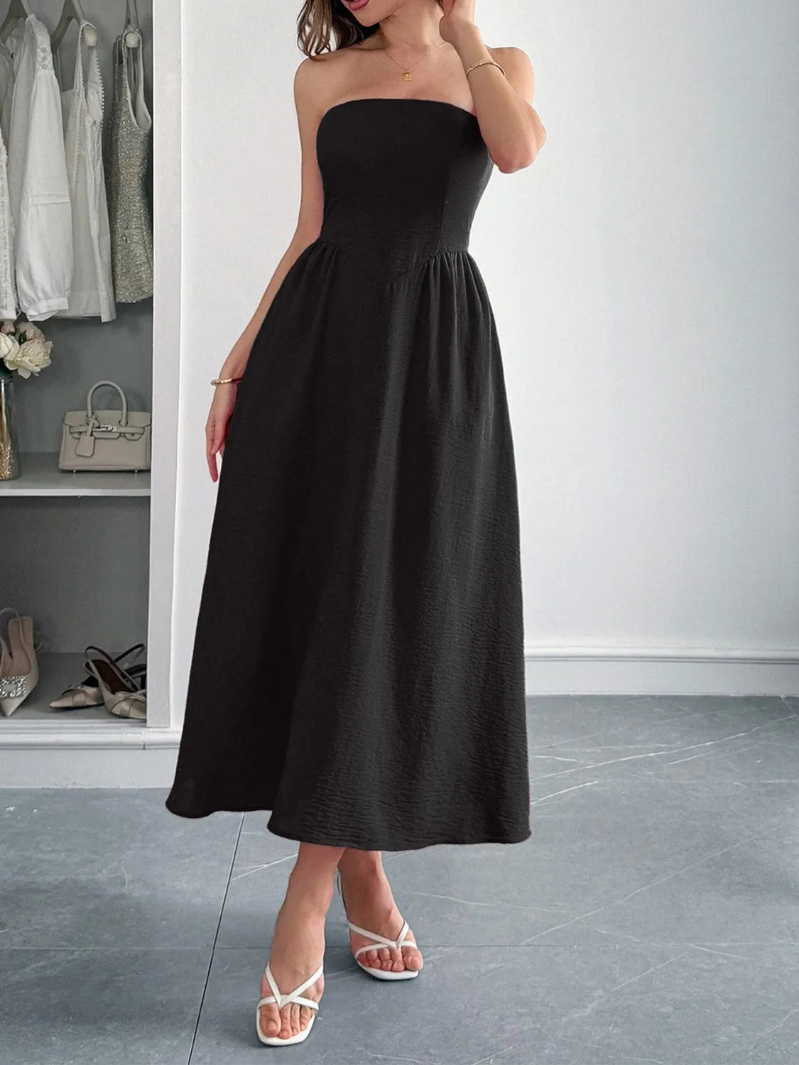 Strapless A-Line Midi Dress with Pockets-Nordavory