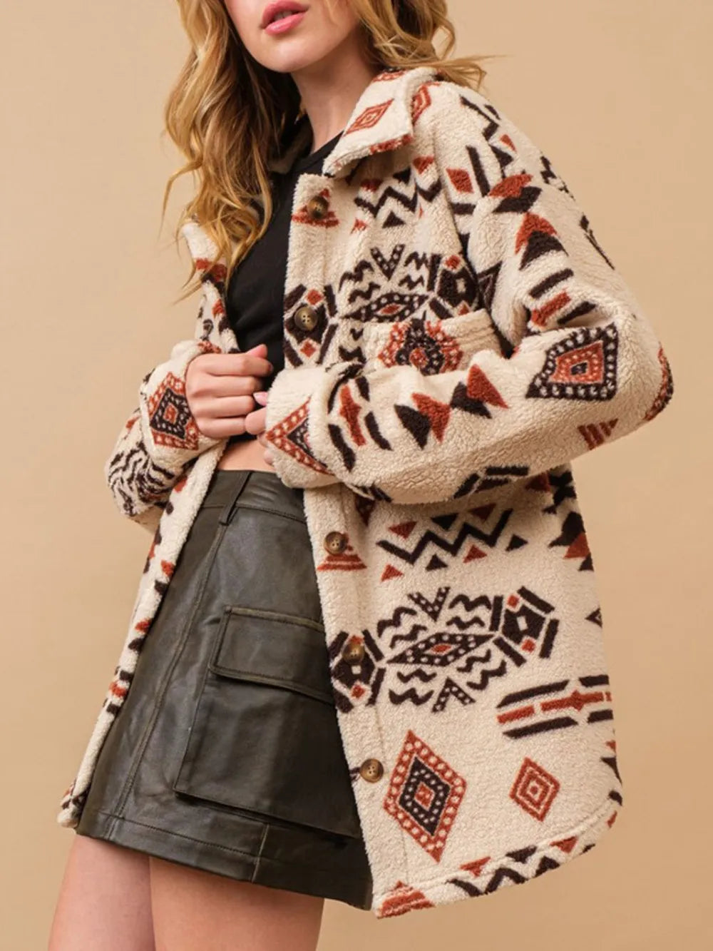 Geometric Button Up Long Sleeve Sherpa Jacket-Nordavory