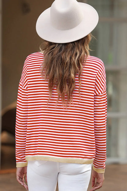 Striped Round Neck Drop Shoulder T-Shirt-Nordavory