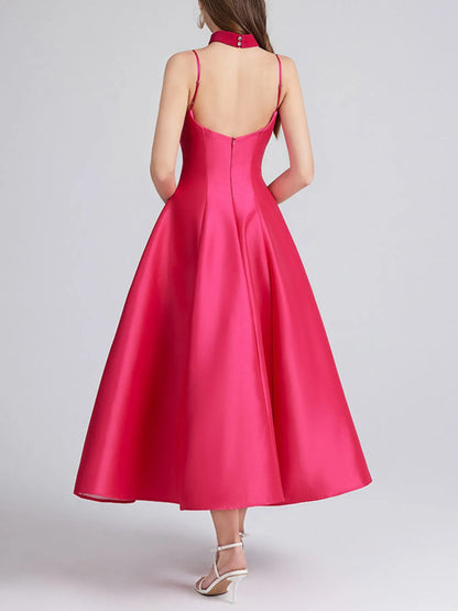 Sweetheart Spaghetti Strap Midi Dress with Collar-Nordavory