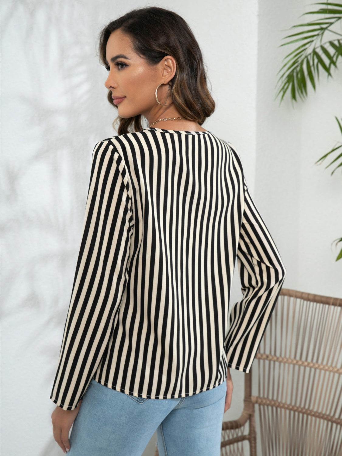 Striped Long Sleeve Notched Blouse-Nordavory