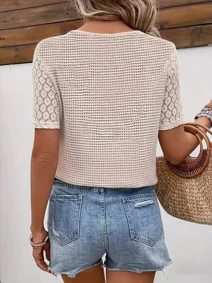 Lace Sleeve V-neck Waffle Knit Top-Nordavory