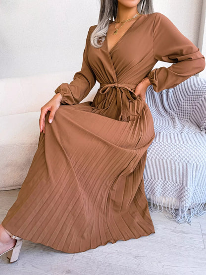 Elegant Pleated Front Tie Long Sleeve Dress-Nordavory