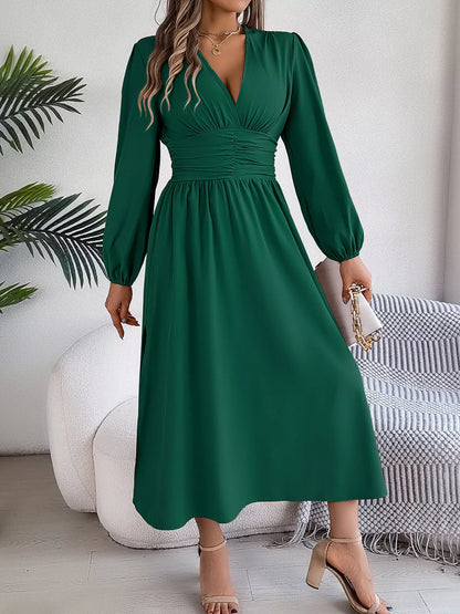 Slit Balloon Sleeve Midi Dress-Nordavory