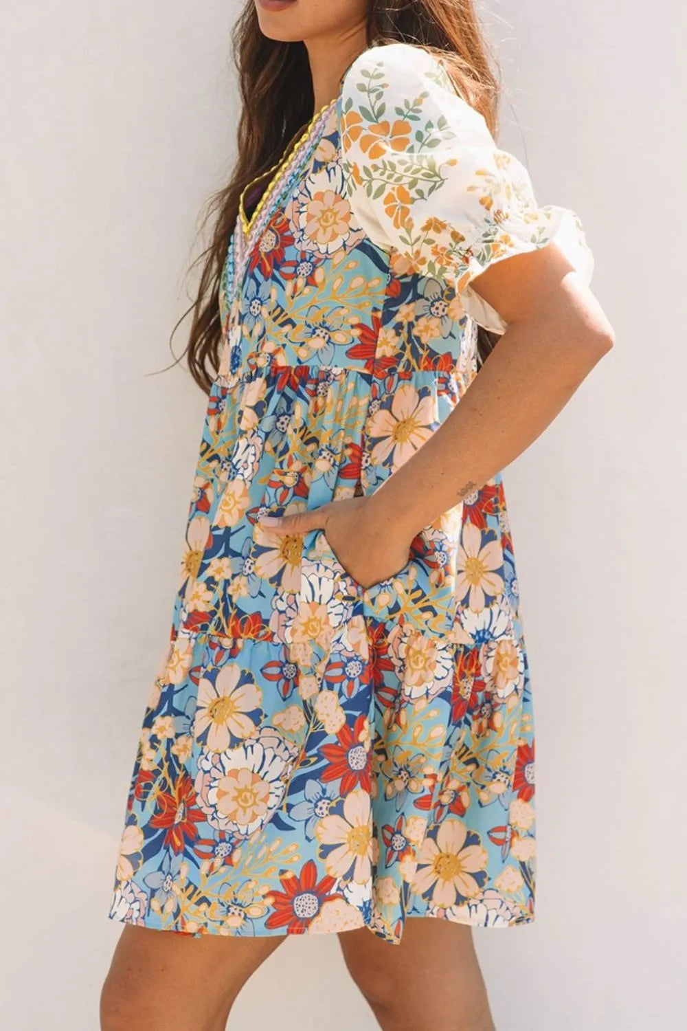 Printed Notched Flounce Sleeve Mini Dress-Nordavory