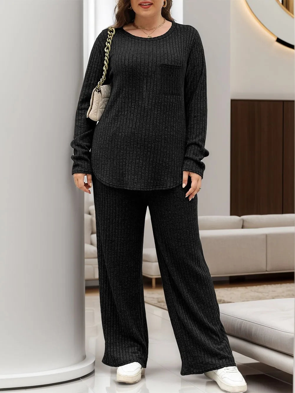 Round Neck Long Sleeve Top and Pants Set-Nordavory