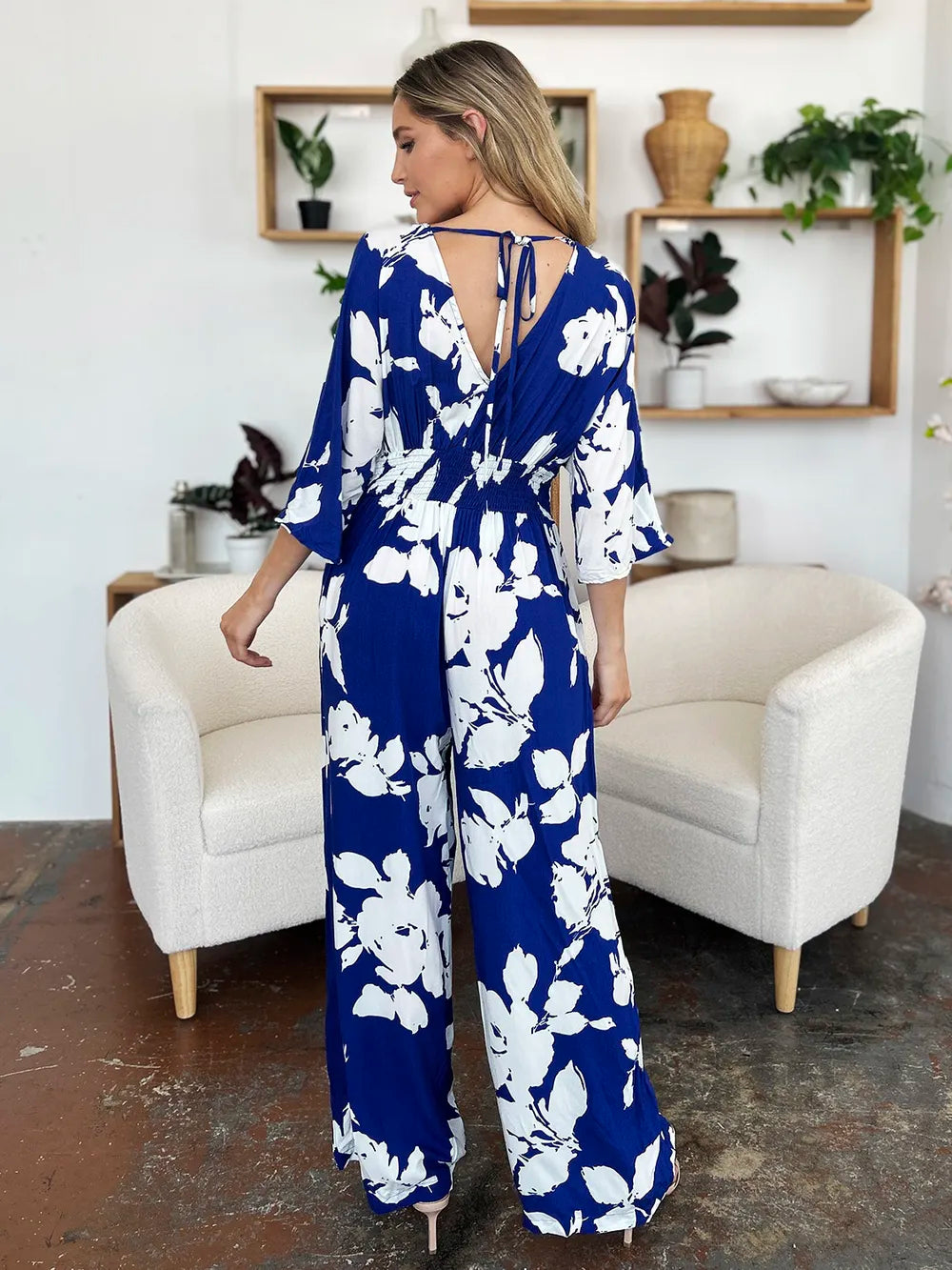 Double Take Full Size Printed Tie Back Wide Leg Jumpsuit-Nordavory