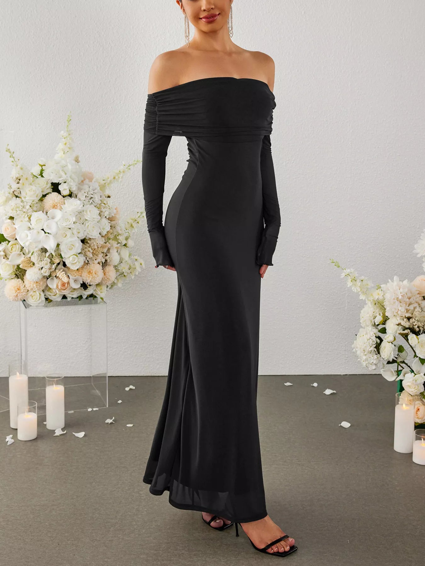 Off-Shoulder Ruched Long Sleeve Maxi Dress-Nordavory