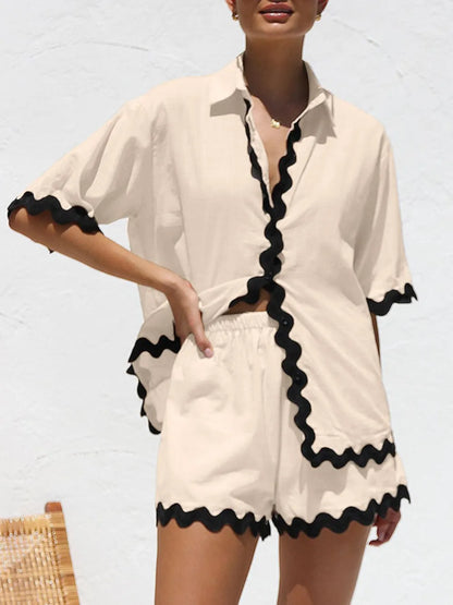 Contrast Trim Half Sleeve Top and Shorts Set-Nordavory