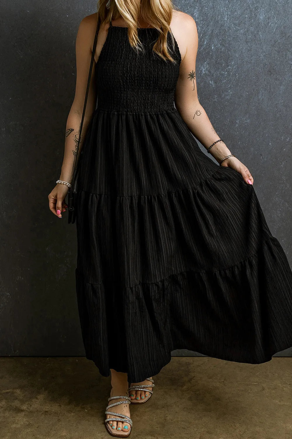 Smocked Tiered Spaghetti Strap Dress-Nordavory