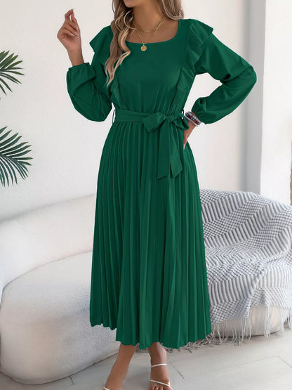 Ruffle Trim Pleated A-Line Midi Dress-Nordavory