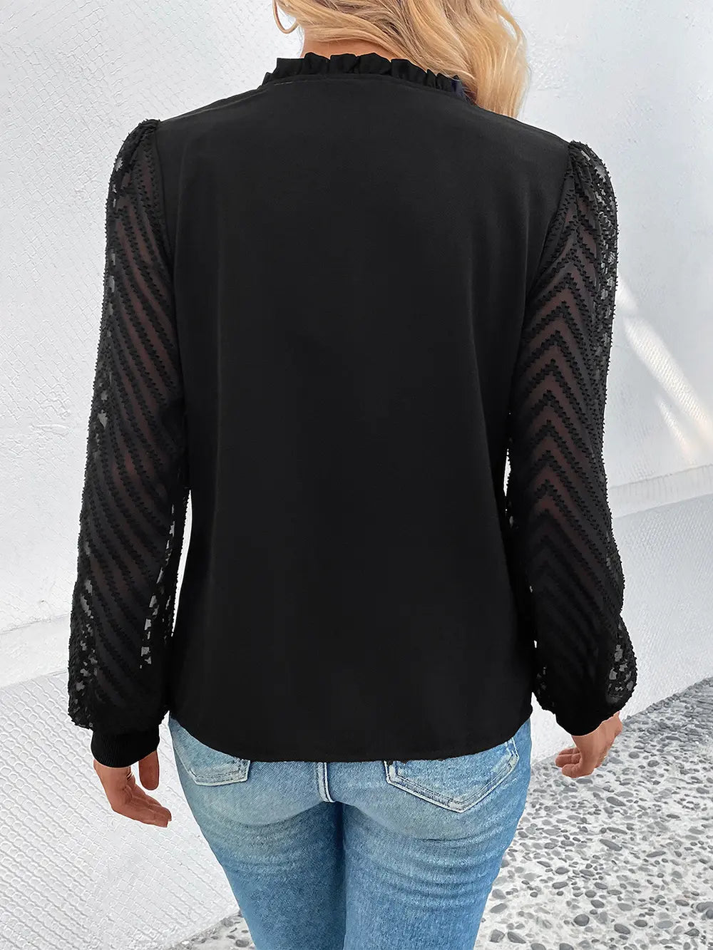 Perfee Mesh V-Neck Button Front Blouse-Nordavory