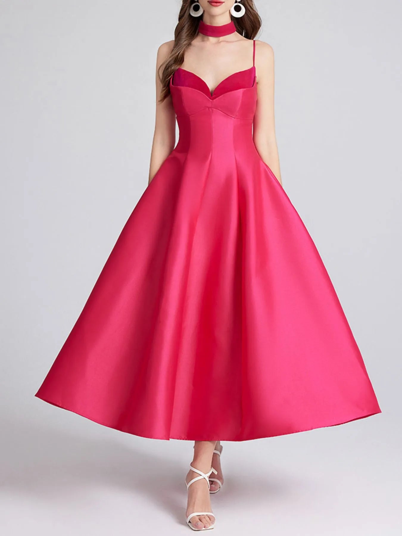 Sweetheart Spaghetti Strap Midi Dress with Collar-Nordavory