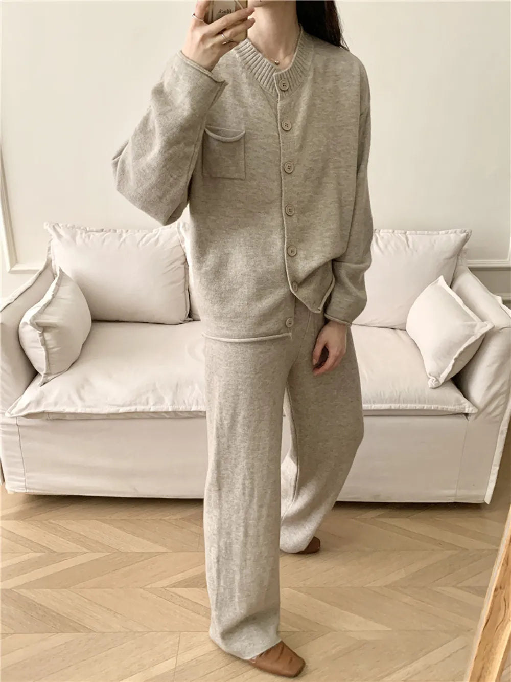 Pocketed Round Neck Button Up Cardigan and Pants Sweater Set-Nordavory