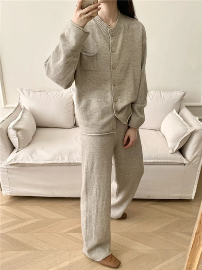 Pocketed Round Neck Button Up Cardigan and Pants Sweater Set-Nordavory