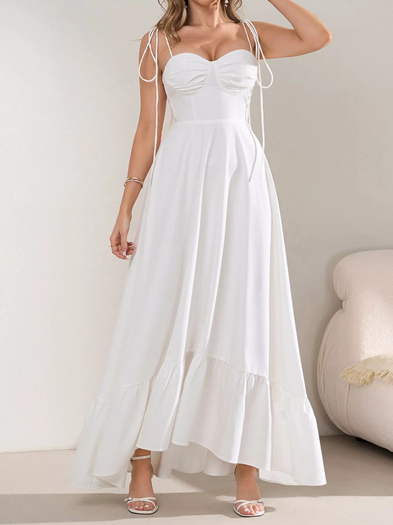 Sweetheart Neck Tie-Strap Ruffle Hem Maxi Dress-Nordavory