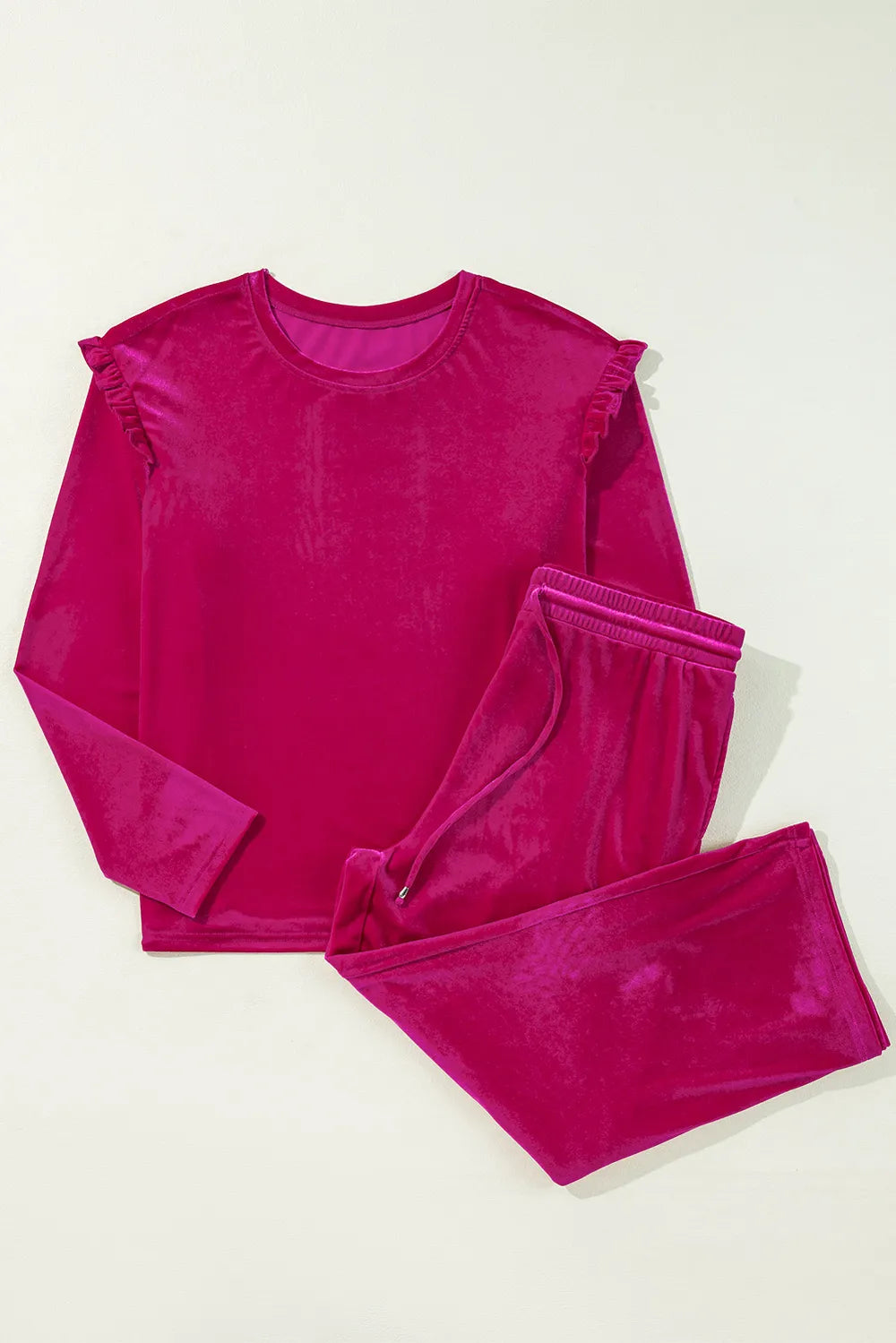 Frill Round Neck Long Sleeve Top and Pants Set-Nordavory