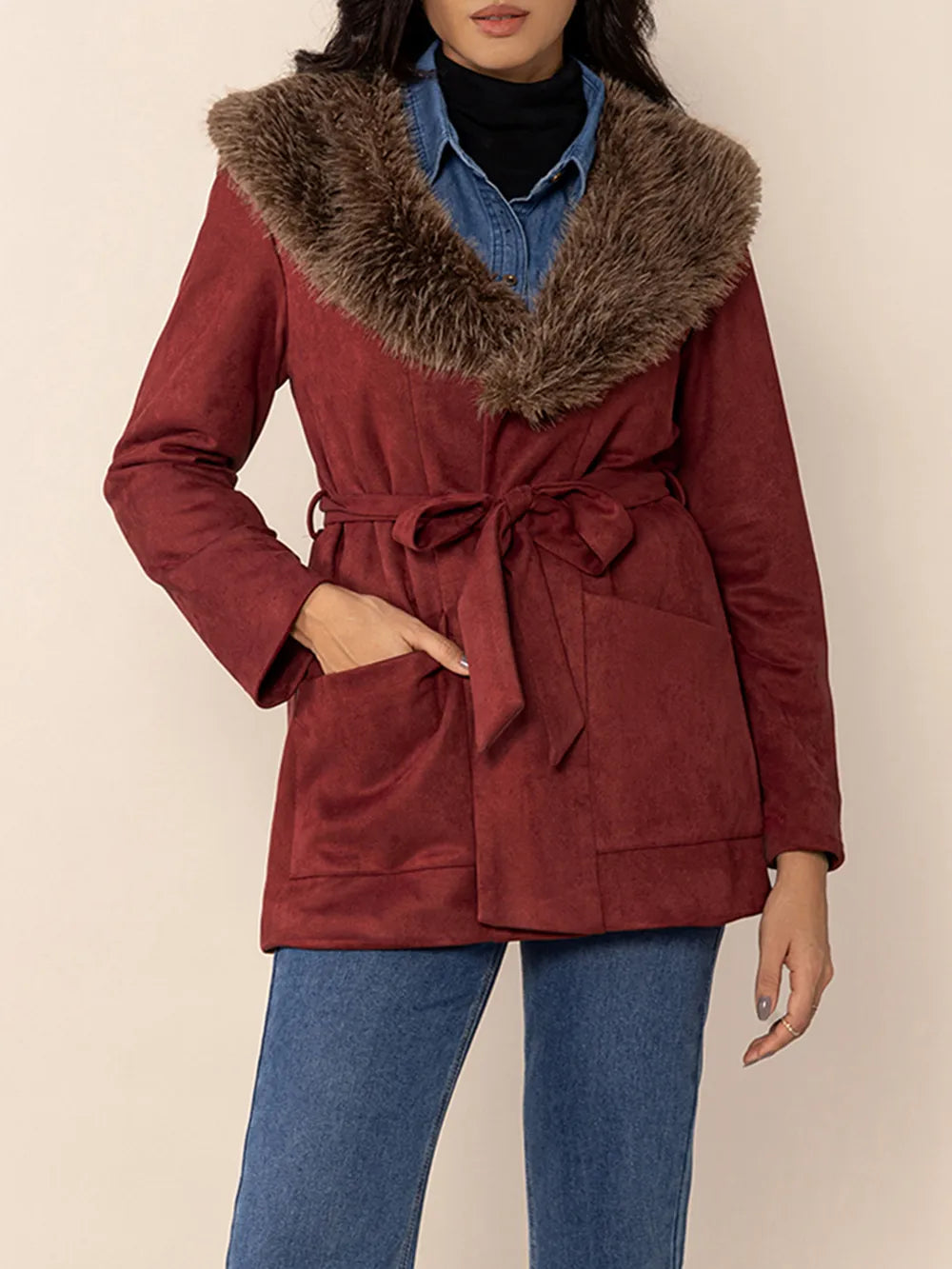 Fuzzy Collared Neck Tie Waist Jacket-Nordavory