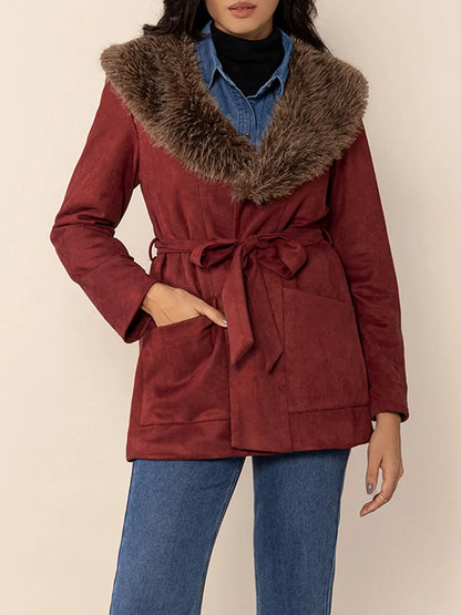 Fuzzy Collared Neck Tie Waist Jacket-Nordavory