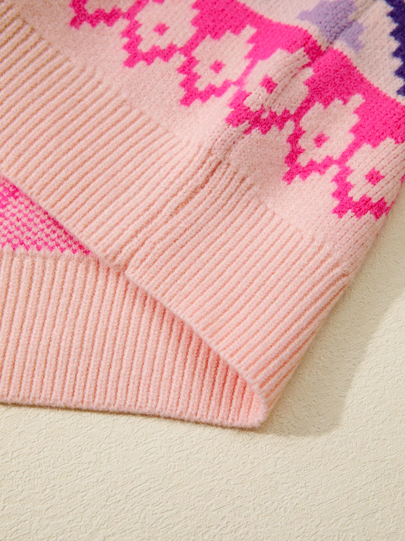 Multicolour Ethnic Christmas Pattern Knit Feather Cuffed Sweater-Nordavory