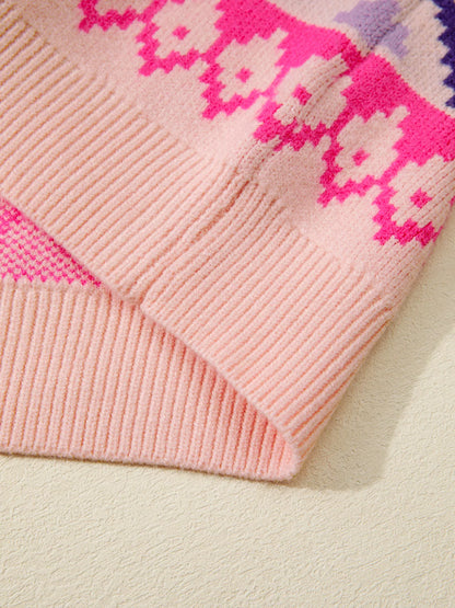 Multicolour Ethnic Christmas Pattern Knit Feather Cuffed Sweater-Nordavory