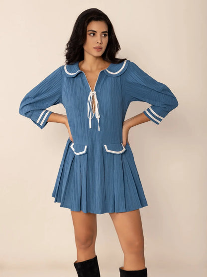 Tie Front Pleated Three-Quarter Sleeve Mini Dress-Nordavory