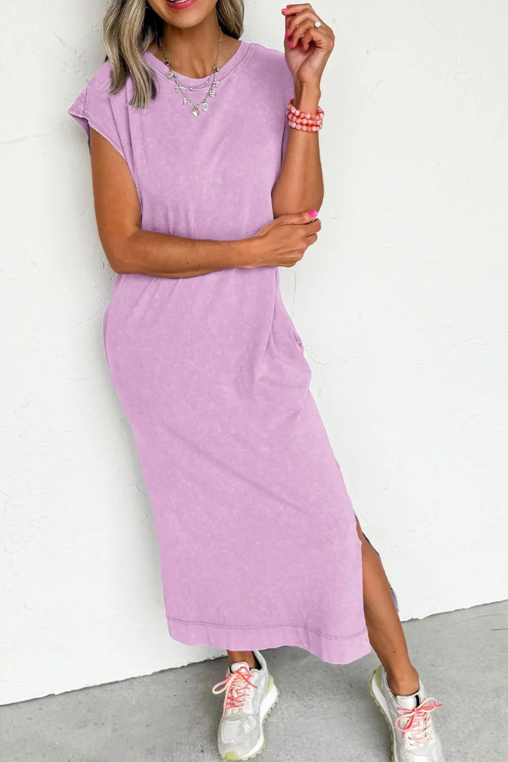 Side Split Round Neck Cap Sleeve T-Shirt Dress-Nordavory