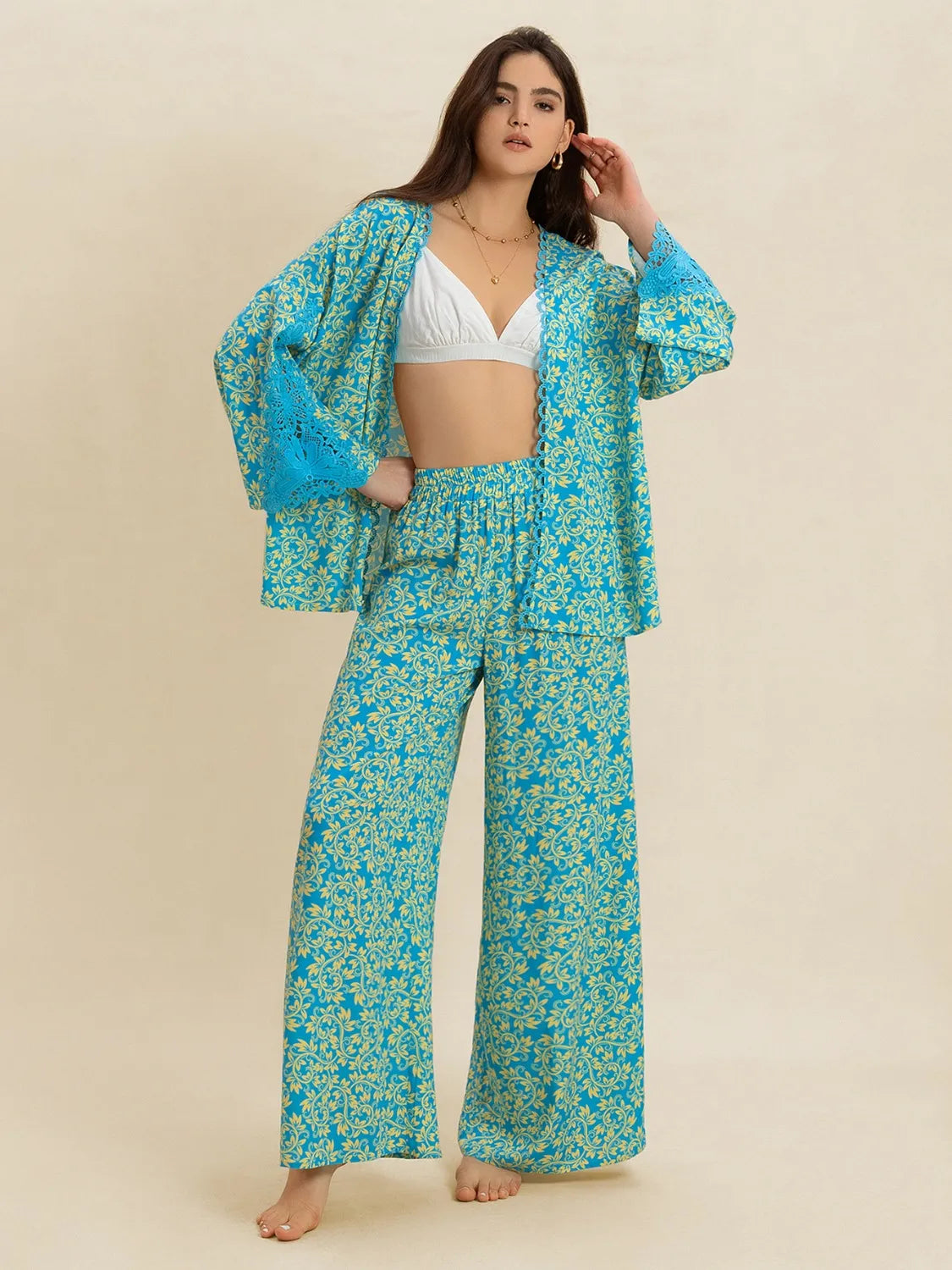 Open Front Printed Top and Pants Set-Nordavory