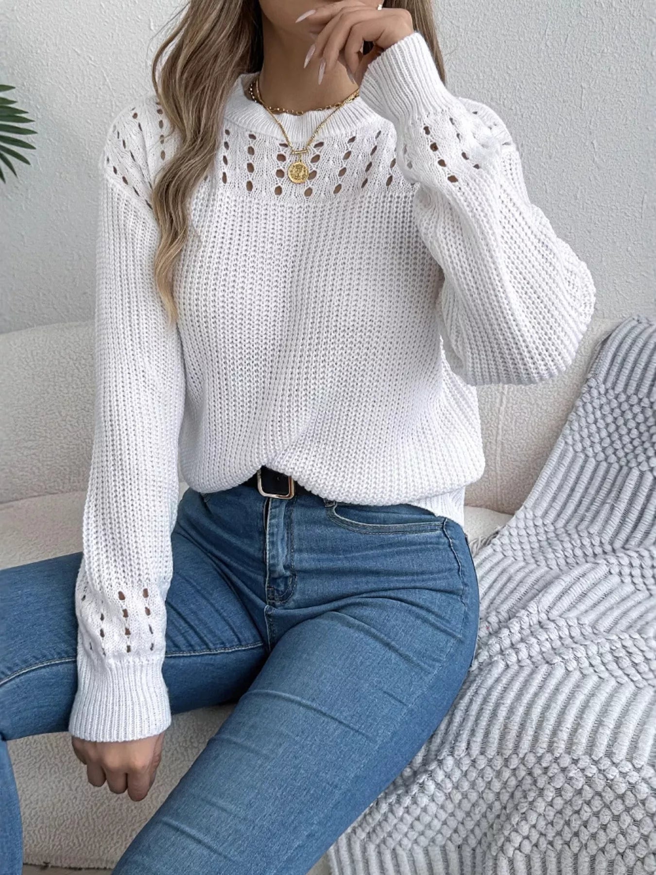 Openwork Round Neck Long Sleeve Sweater-Nordavory