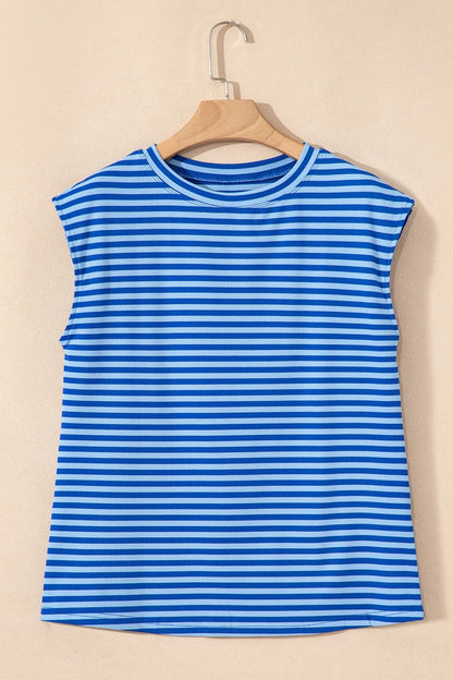 Striped Round Neck Cap Sleeve T-Shirt-Nordavory