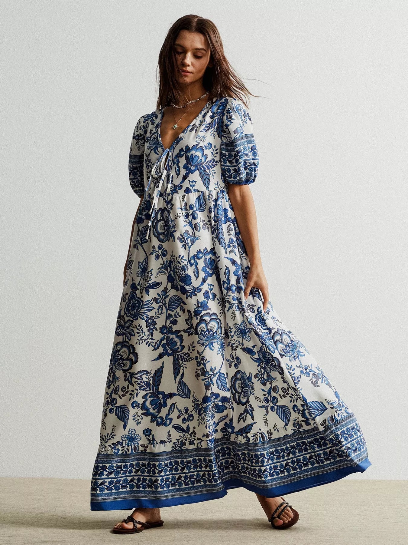 Floral Print Tie-Neck Puff Sleeve Maxi Dress-Nordavory