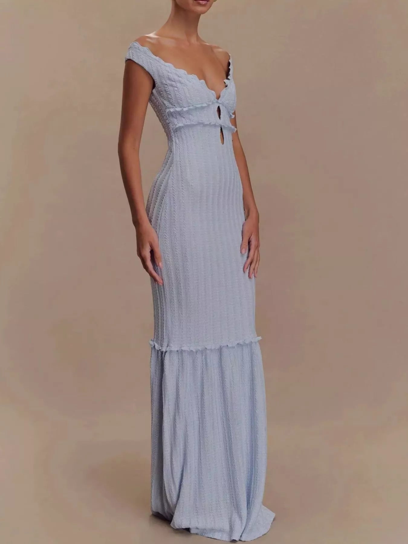 Frill Off-Shoulder Knit Maxi Mermaid Dress-Nordavory