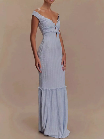 Frill Off-Shoulder Knit Maxi Mermaid Dress-Nordavory