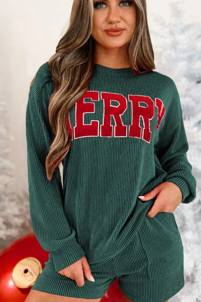 MERRY Round Neck Long Sleeve Top and Shorts Set-Nordavory