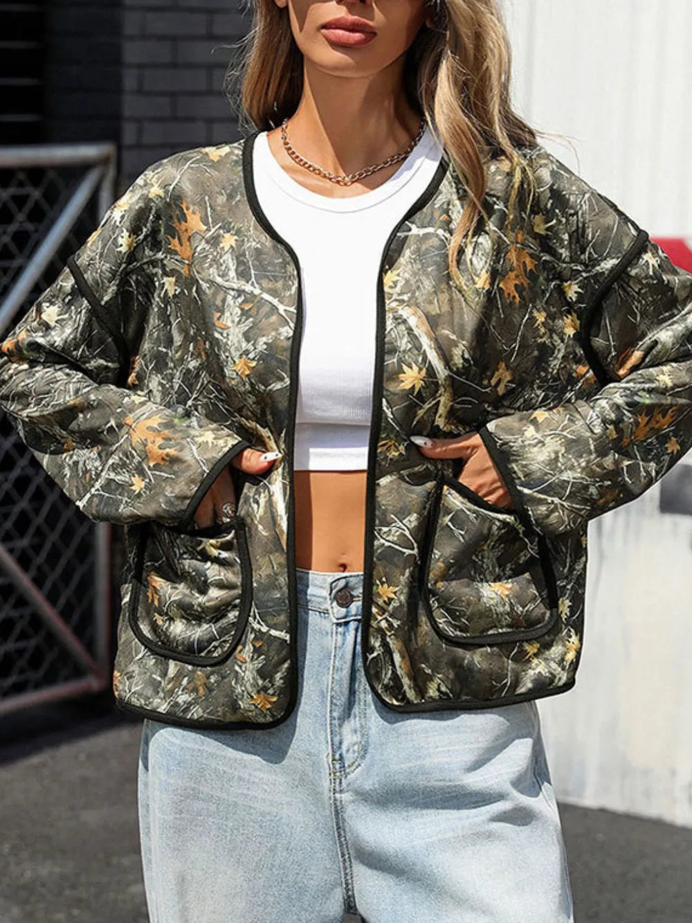 Perfee Printed Open Front Long Sleeve Jacket-Nordavory