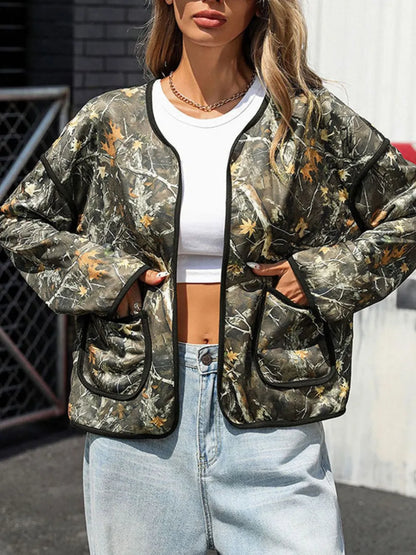 Perfee Printed Open Front Long Sleeve Jacket-Nordavory