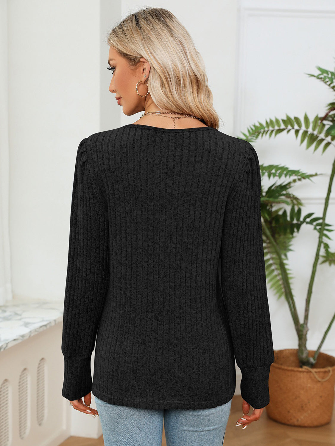 Lace Detail V-Neck Ribbed Blouse-Nordavory