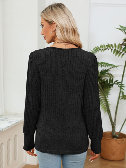 Lace Detail V-Neck Ribbed Blouse-Nordavory