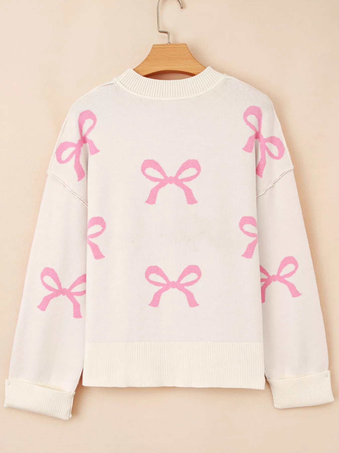 Bow Print Ribbed Trim Exposed Seam Drop Shoulder Loose Sweater-Nordavory