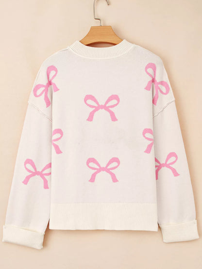 Bow Print Ribbed Trim Exposed Seam Drop Shoulder Loose Sweater-Nordavory