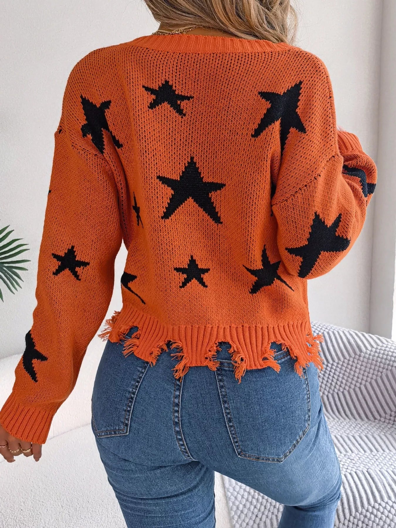 Star Pattern V-Neck Distressed Sweater-Nordavory