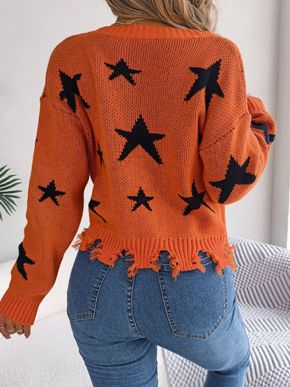 Star Pattern V-Neck Distressed Sweater-Nordavory