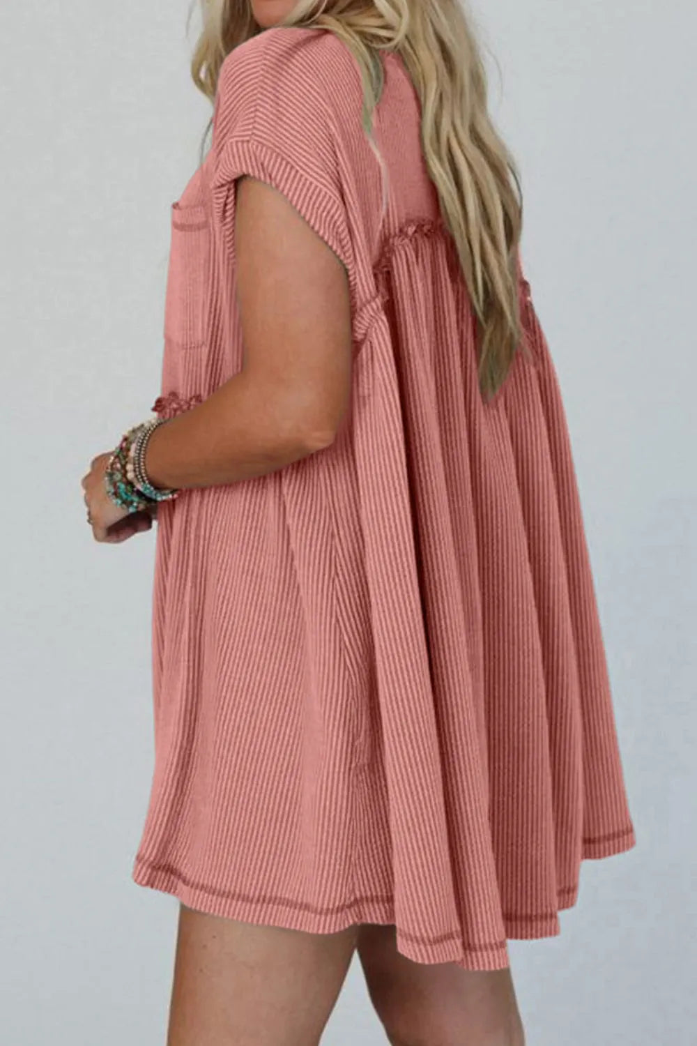 Corded Knit Textured Patched Pocket Frilled Swing Mini Dress with Pockets-Nordavory