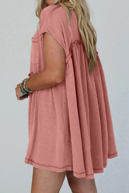 Corded Knit Textured Patched Pocket Frilled Swing Mini Dress with Pockets-Nordavory