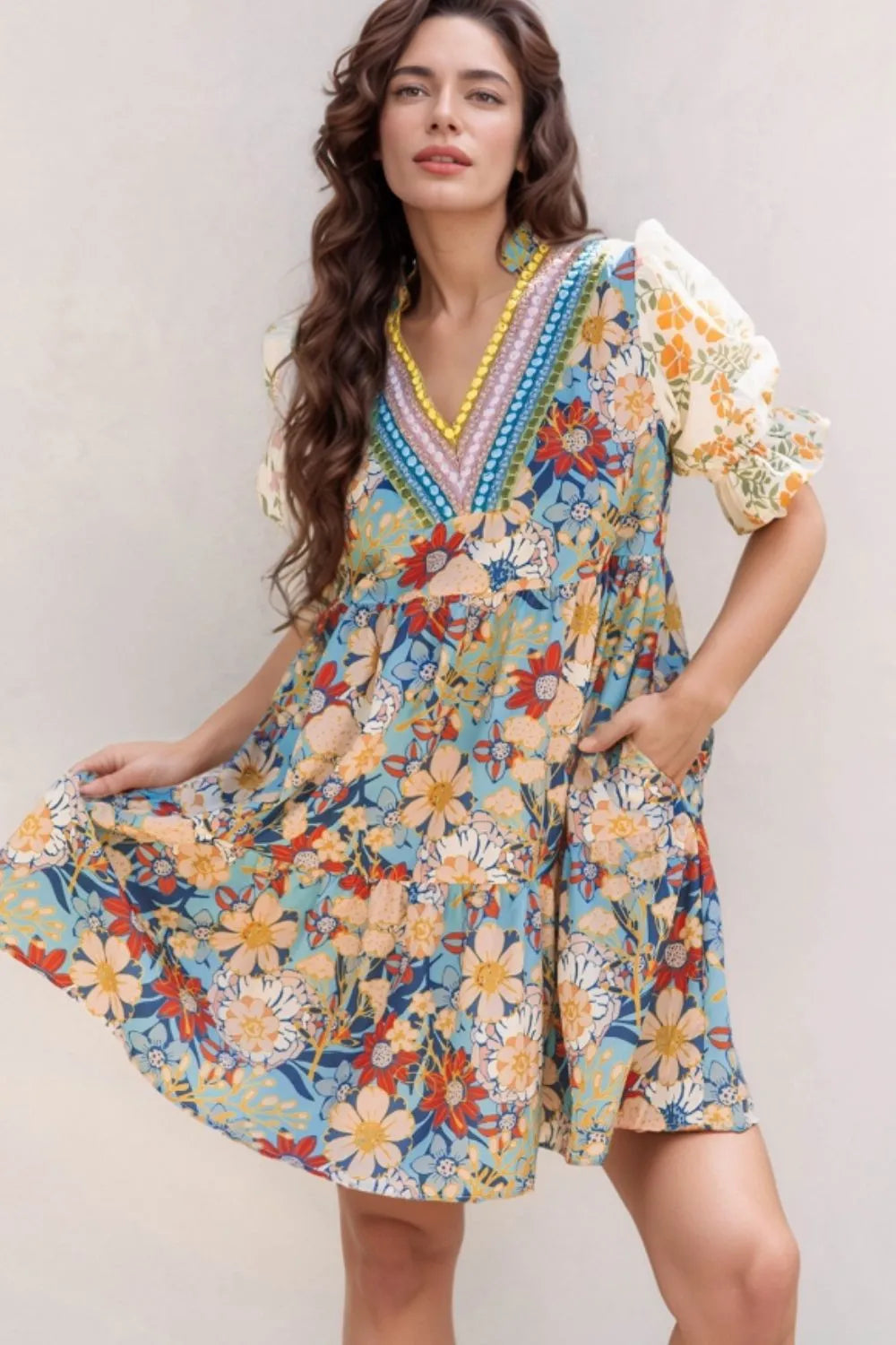 Printed Notched Flounce Sleeve Mini Dress-Nordavory