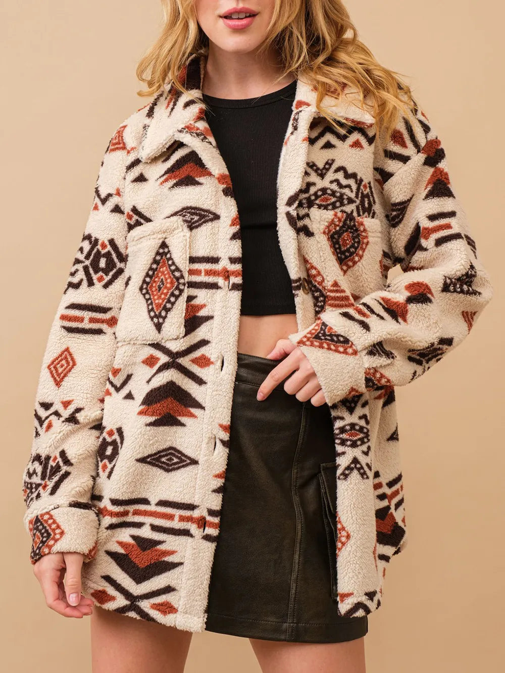 Geometric Button Up Long Sleeve Sherpa Jacket-Nordavory